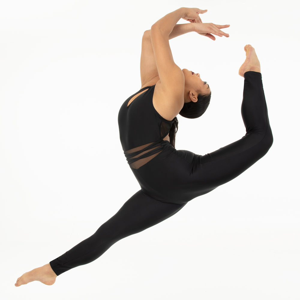 Youth V-Neck Criss Cross Mesh Panel Tank Unitard