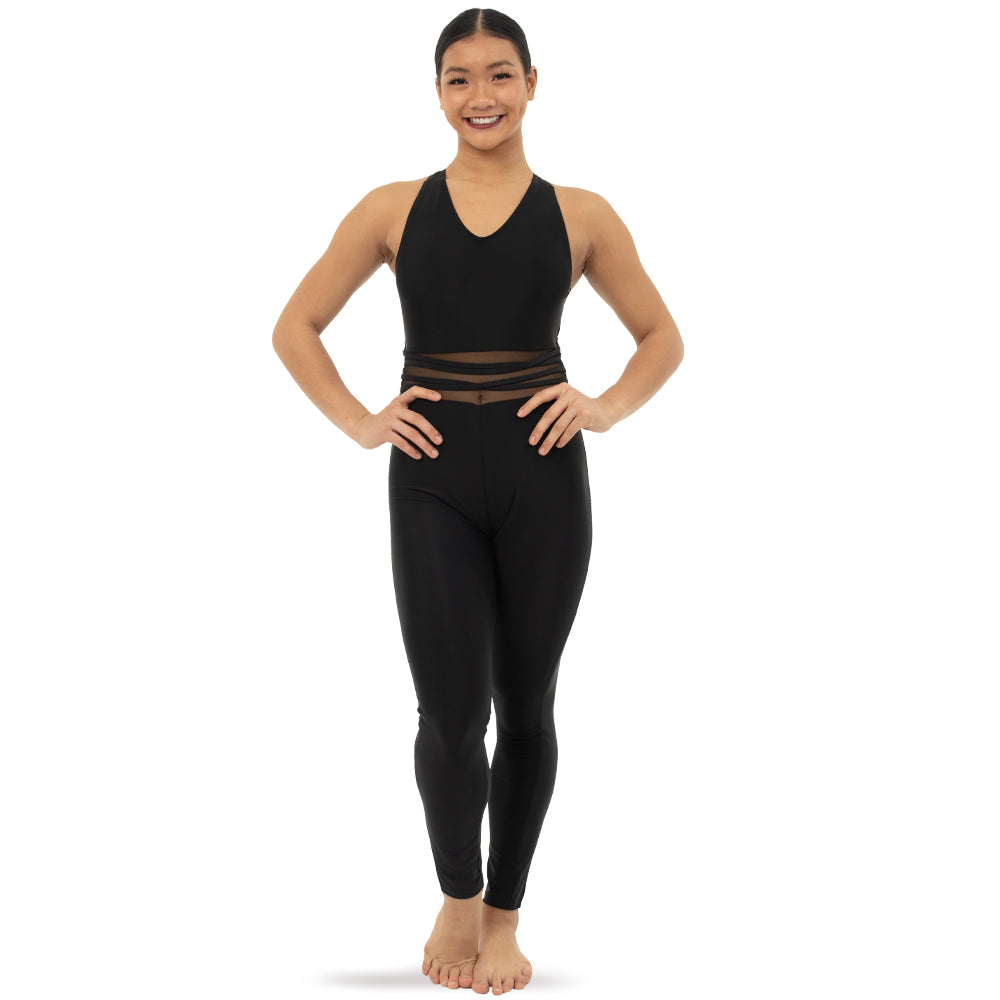 Youth V-Neck Criss Cross Mesh Panel Tank Unitard