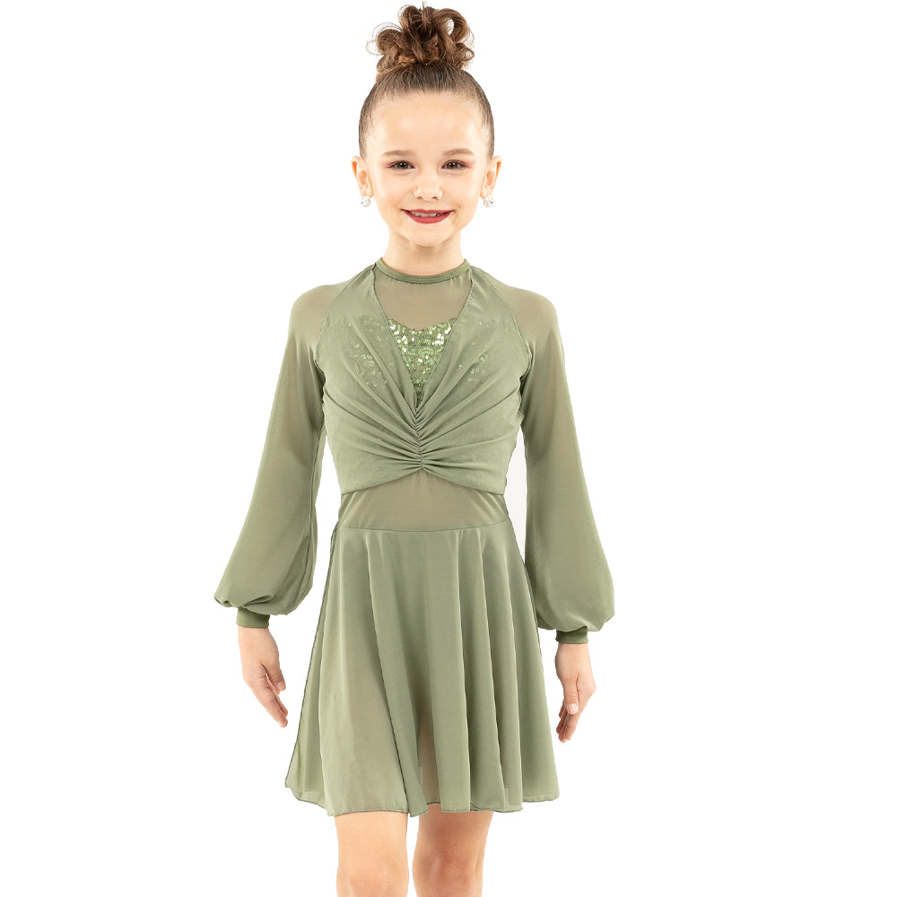 Youth Long Sleeve Midi Sequin Gathered Panel Dress
