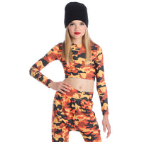 Orange Camo Long Sleeve Crop Top