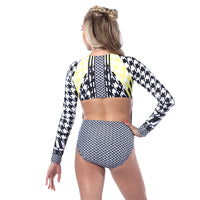 Houndstooth Zipper Front Long Sleeve Leotard