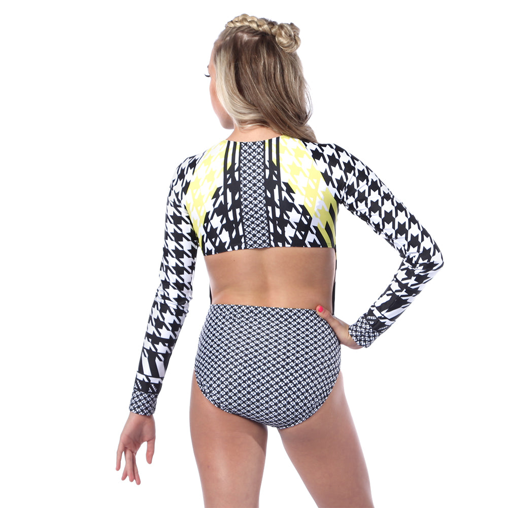 Houndstooth Zipper Front Long Sleeve Leotard