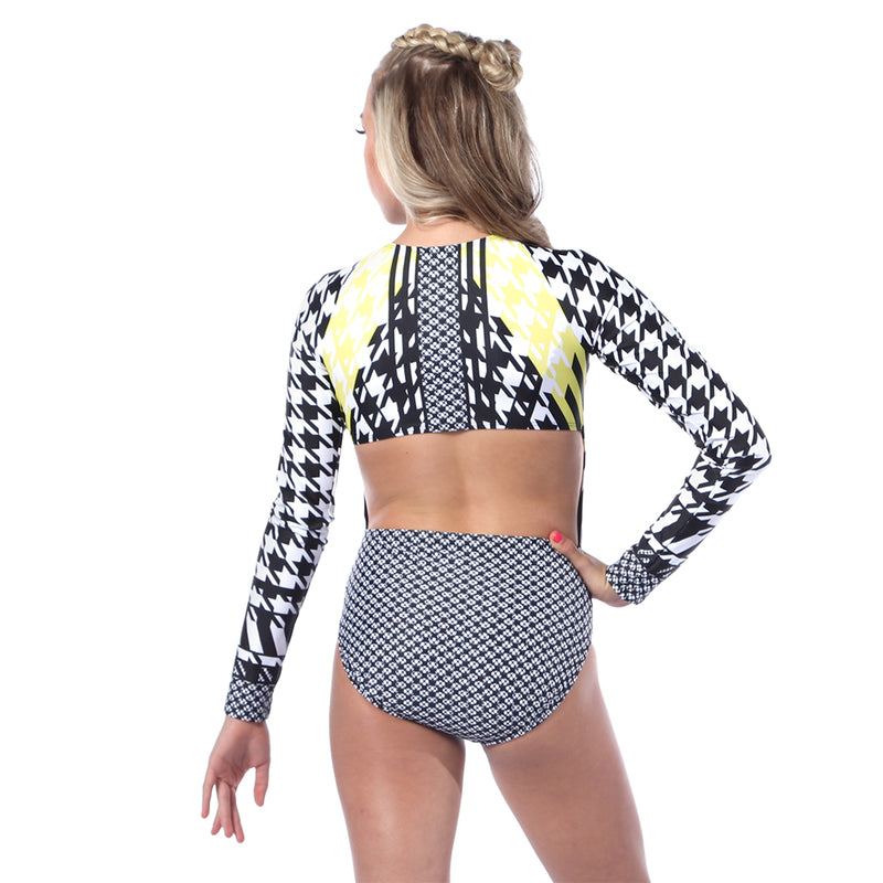 Youth Houndstooth Zipper Front Long Sleeve Leotard