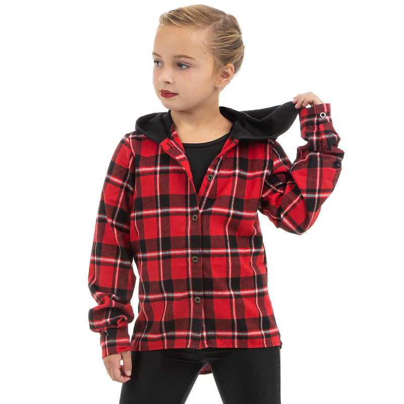 Girls Alexandra Collection Plaid Button Up Shirt w/ Hoodie