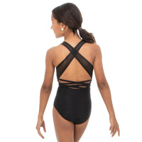 Youth V-Neck Mesh Panel Cut Out Wide Strap Back Leotard