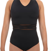 V-Neck Mesh Panel Cut Out Wide Strap Back Leotard