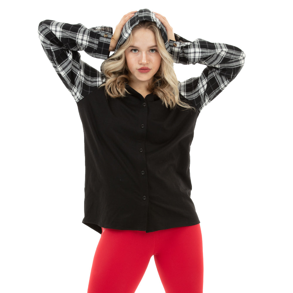 Rev it up Long Sleeve Hooded Embroidered Plaid Shirt