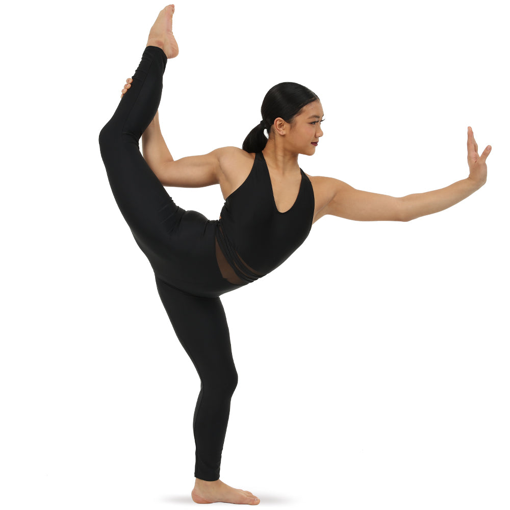 Youth V-Neck Criss Cross Mesh Panel Tank Unitard