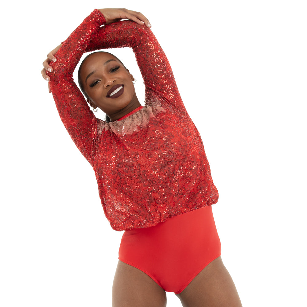 Sequin Billowed Long Sleeve Floral Leotard