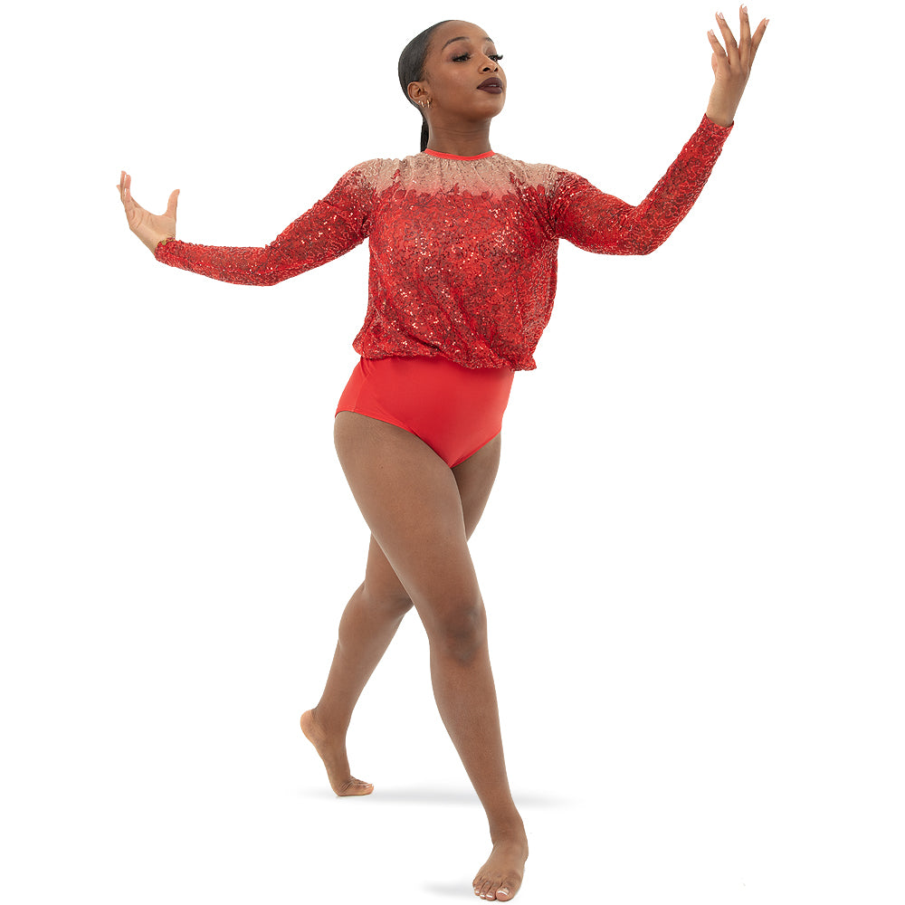 Sequin Billowed Long Sleeve Floral Leotard