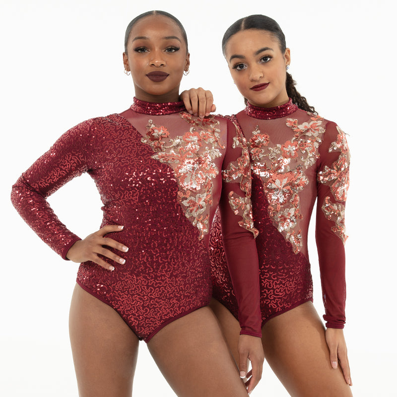 Youth Asymmetrical Sequin Applique Long Sleeve Leotard