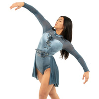 Long Sleeve Velvet Applique Leotard and Mesh Applique Skirt